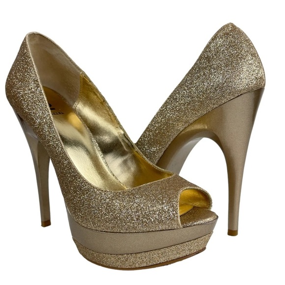Bakers Spark Gold High Heels Platform Peep Toe Size 6.5 Glitter Party Prom - Picture 1 of 9